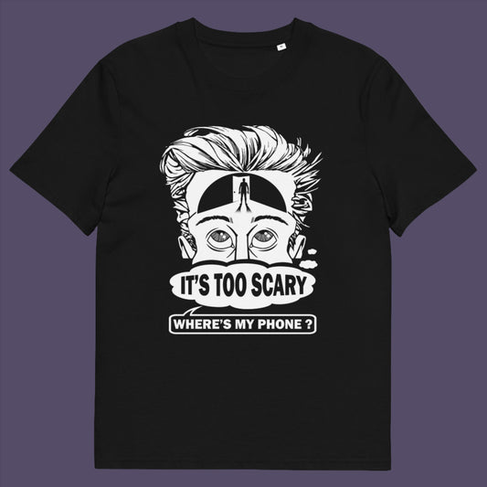 Black t-shirt. An anti-mobile phone abuse t-shirt highlighting the effects on the mind of smart phone over use in the place of thinking. A view of how mobile phones have taken over thinking and left us with dark unexplored corridors in our minds. Made from 100% organic ring-spun cotton, this social awareness t-shirt is unisex, high-quality, super comfy, and best of all, eco-friendly.