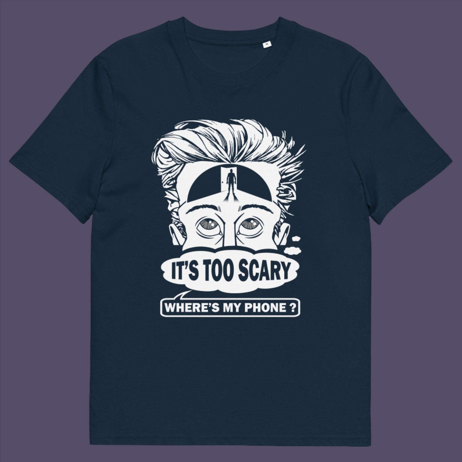 French navy t-shirt. An anti-mobile phone abuse t-shirt highlighting the effects on the mind of smart phone over use in the place of thinking. A view of how mobile phones have taken over thinking and left us with dark unexplored corridors in our minds. Made from 100% organic ring-spun cotton, this social awareness t-shirt is unisex, high-quality, super comfy, and best of all, eco-friendly.