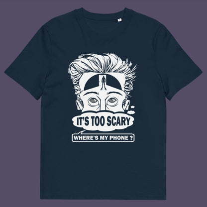 French navy t-shirt. An anti-mobile phone abuse t-shirt highlighting the effects on the mind of smart phone over use in the place of thinking. A view of how mobile phones have taken over thinking and left us with dark unexplored corridors in our minds. Made from 100% organic ring-spun cotton, this social awareness t-shirt is unisex, high-quality, super comfy, and best of all, eco-friendly.