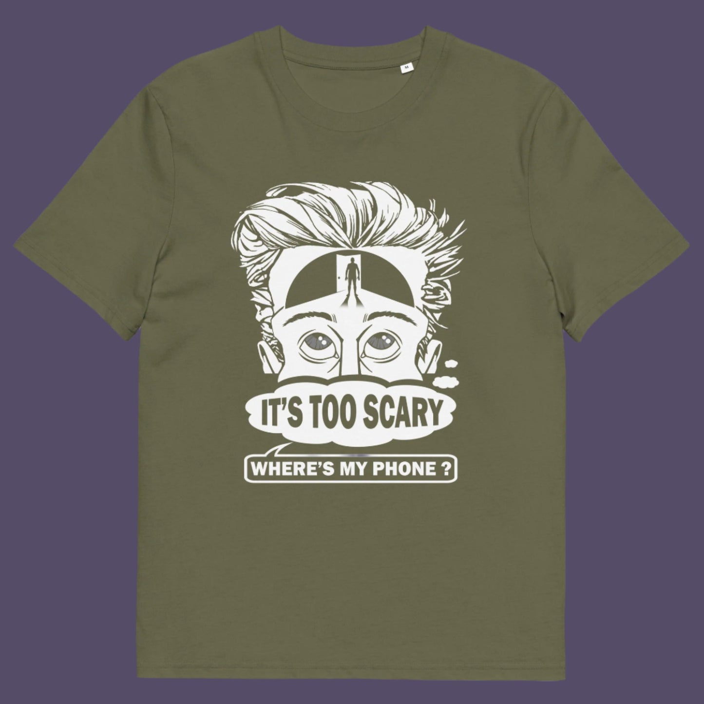 Khaki t-shirt. An anti-mobile phone abuse t-shirt highlighting the effects on the mind of smart phone over use in the place of thinking. A view of how mobile phones have taken over thinking and left us with dark unexplored corridors in our minds. Made from 100% organic ring-spun cotton, this social awareness t-shirt is unisex, high-quality, super comfy, and best of all, eco-friendly.