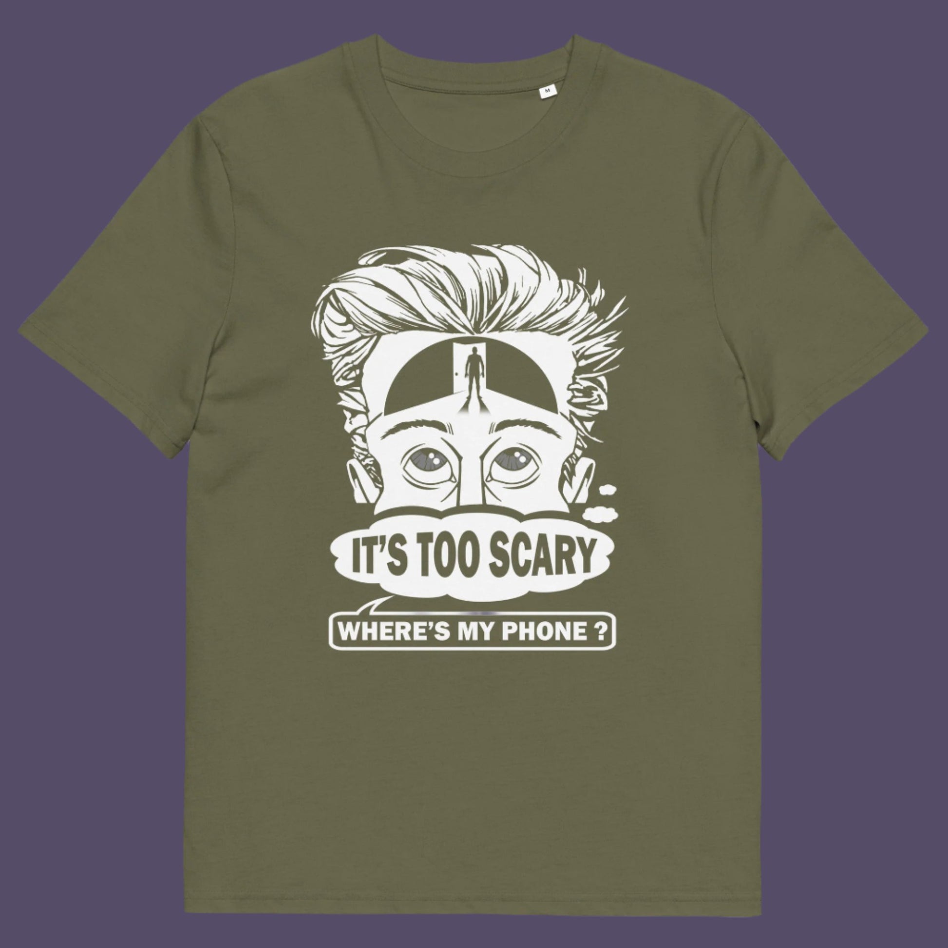 Khaki t-shirt. An anti-mobile phone abuse t-shirt highlighting the effects on the mind of smart phone over use in the place of thinking. A view of how mobile phones have taken over thinking and left us with dark unexplored corridors in our minds. Made from 100% organic ring-spun cotton, this social awareness t-shirt is unisex, high-quality, super comfy, and best of all, eco-friendly.