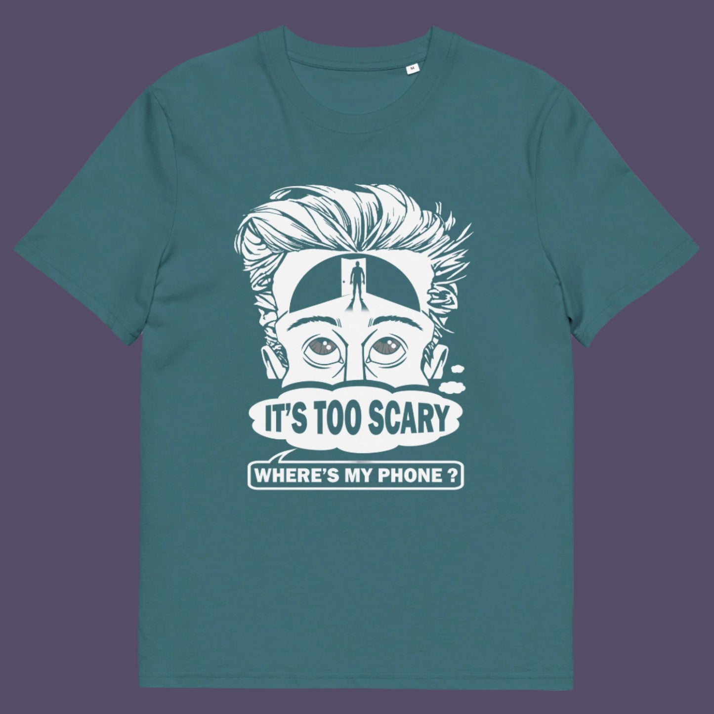 Stargazer t-shirt. An anti-mobile phone abuse t-shirt highlighting the effects on the mind of smart phone over use in the place of thinking. A view of how mobile phones have taken over thinking and left us with dark unexplored corridors in our minds. Made from 100% organic ring-spun cotton, this social awareness t-shirt is unisex, high-quality, super comfy, and best of all, eco-friendly.