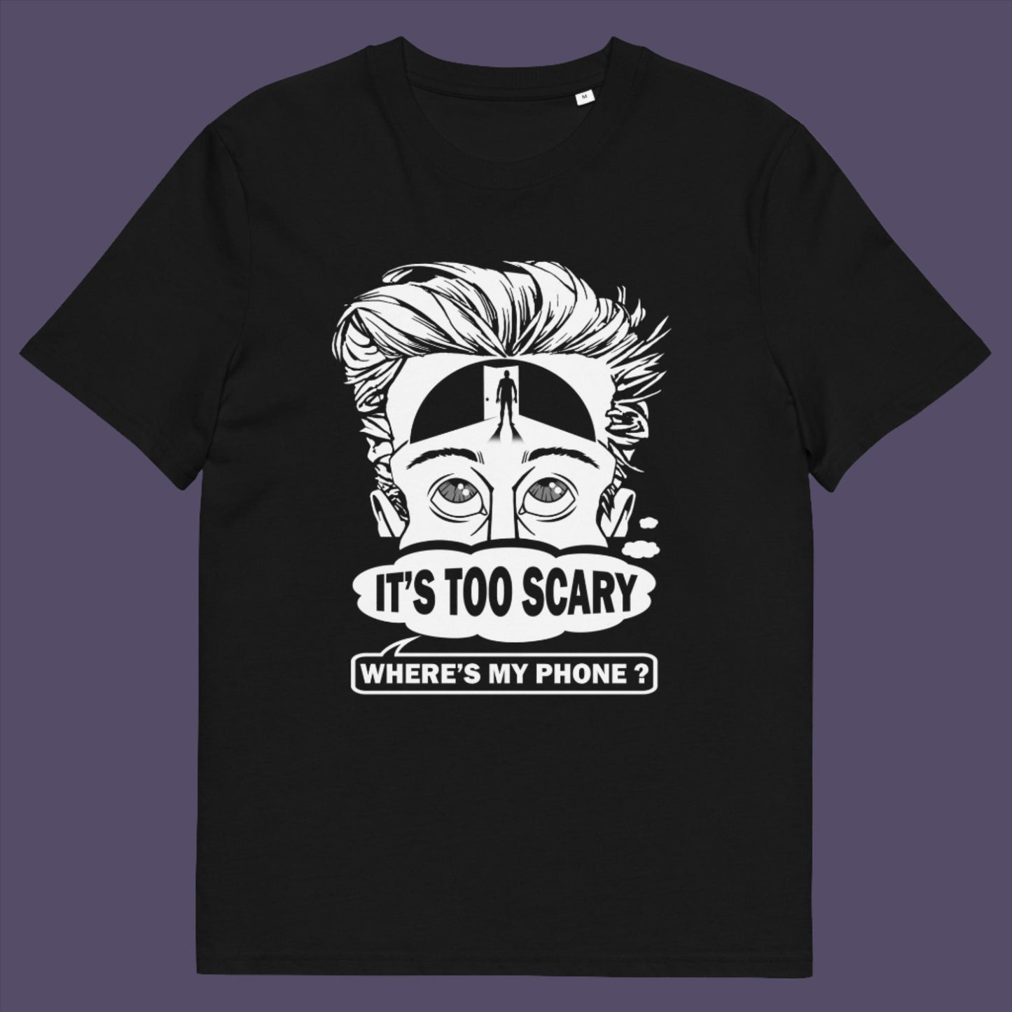 Black t-shirt. An anti-mobile phone abuse t-shirt highlighting the effects on the mind of smart phone over use in the place of thinking. A view of how mobile phones have taken over thinking and left us with dark unexplored corridors in our minds. Made from 100% organic ring-spun cotton, this social awareness t-shirt is unisex, high-quality, super comfy, and best of all, eco-friendly.