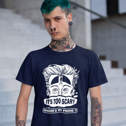 Person wearing a navy blue t-shirt with a graphic design and text, standing on stairs. An anti mobile phone abuse t-shirt highlighting the effects on the mind of smart phone over use in the place of thinking. A view of how mobile phones have taken over thinking and left us with dark unexplored corridors in our minds. Made from 100% organic ring-spun cotton, this social awareness t-shirt is unisex, high-quality, super comfy, and best of all, eco-friendly.