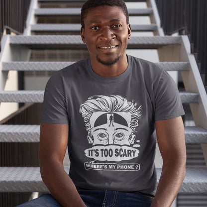 Person wearing an anthracite t-shirt with a graphic design and text, sitting on stairs. An anti mobile phone abuse t-shirt highlighting the effects on the mind of smart phone over use in the place of thinking. A view of how mobile phones have taken over thinking and left us with dark unexplored corridors in our minds. Made from 100% organic ring-spun cotton, this social awareness t-shirt is unisex, high-quality, super comfy, and best of all, eco-friendly.
