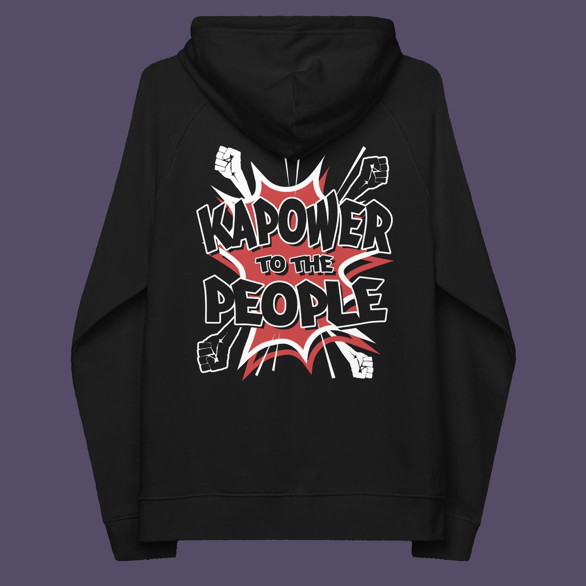 Black hoodie back. An anti-government hoodie design that packs a punch with this humorous play on the slogan 'Power to the people', with a comic book twist. Support true democracy with this witty political message. Comfortable and practical. It's extra soft and has a convenient front pouch pocket. Made from organic cotton and recycled polyester, this social awareness hoodie is a great eco-friendly choice.