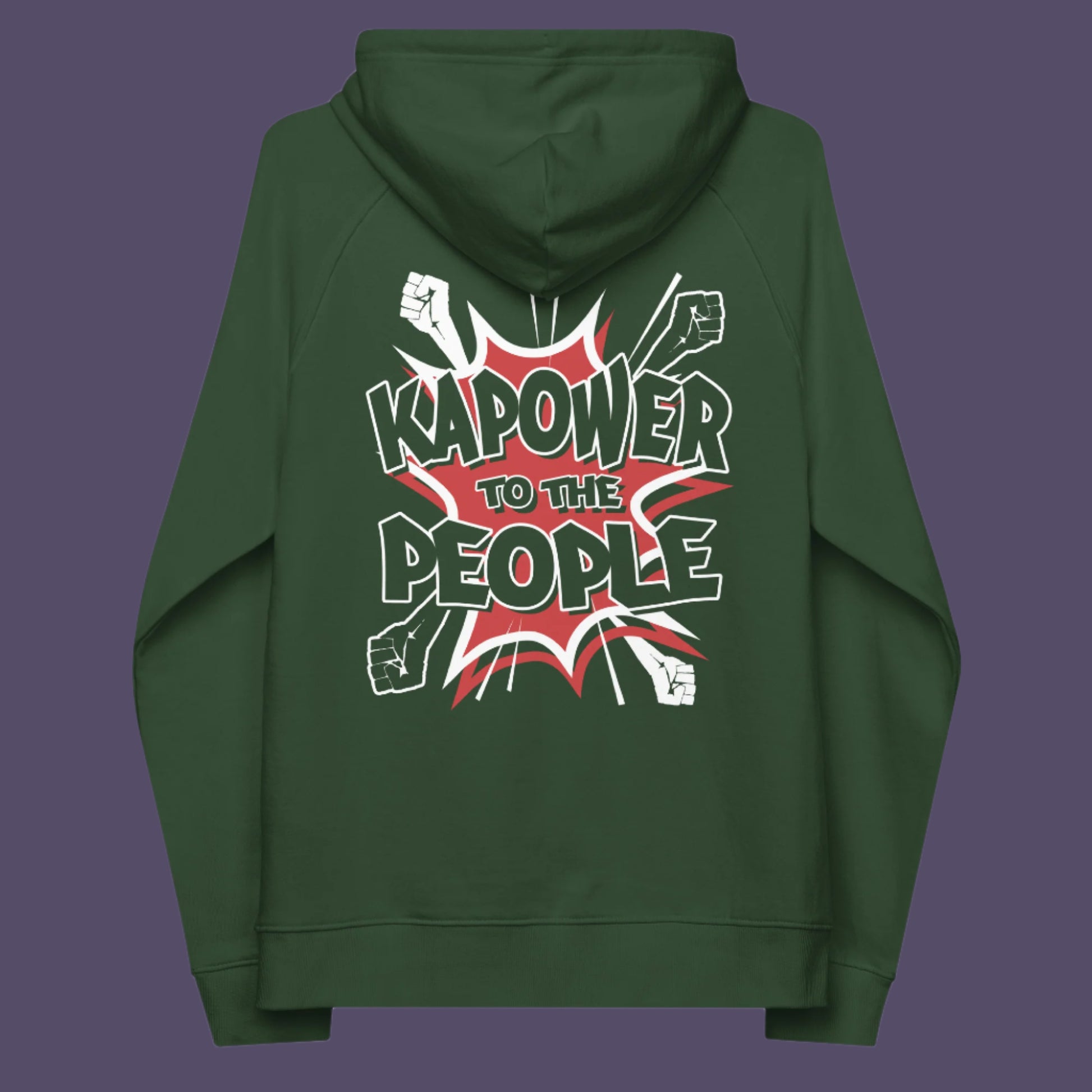 Bottle green hoodie back. An anti-government hoodie design that packs a punch with this humorous play on the slogan 'Power to the people', with a comic book twist. Support true democracy with this witty political message. Comfortable and practical. It's extra soft and has a convenient front pouch pocket. Made from organic cotton and recycled polyester, this social awareness hoodie is a great eco-friendly choice.