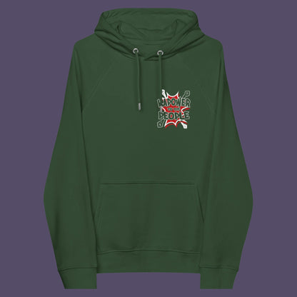 Bottle green hoodie front. An anti-government hoodie design that packs a punch with this humorous play on the slogan 'Power to the people', with a comic book twist. Support true democracy with this witty political message. Comfortable and practical. It's extra soft and has a convenient front pouch pocket. Made from organic cotton and recycled polyester, this social awareness hoodie is a great eco-friendly choice.