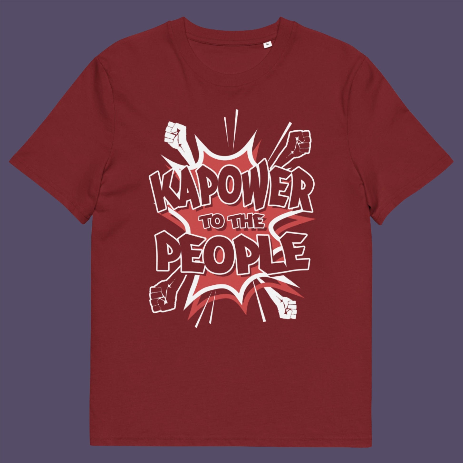 Burgundy t shirt. This anti government t shirt packs a punch with this humorous play on the slogan 'Power to the people', with a comic book twist. Support true democracy with this funny political message. Made from 100% organic ring-spun cotton, this unisex non conformist t shirt is a total must-have. It's high-quality, super comfy, and best of all, eco-friendly.