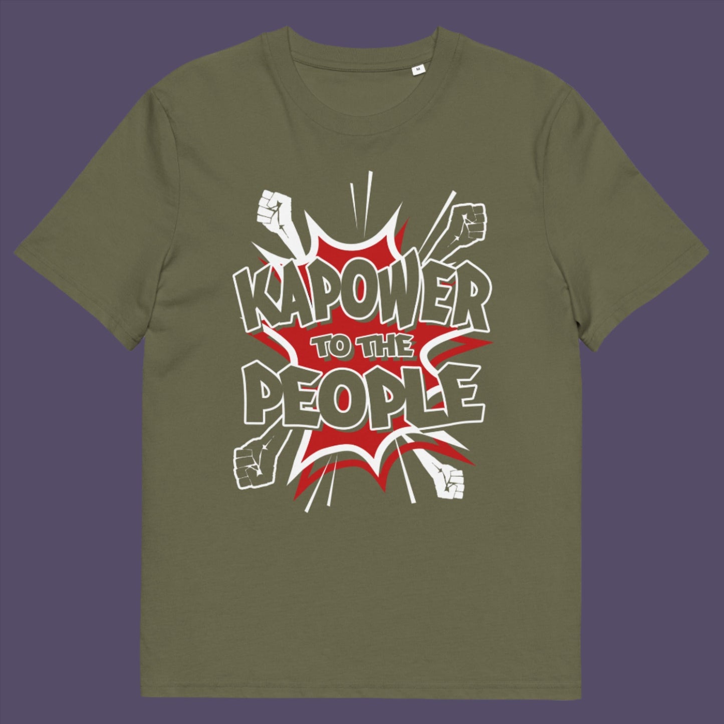 Khaki t shirt. This anti government t shirt packs a punch with this humorous play on the slogan 'Power to the people', with a comic book twist. Support true democracy with this funny political message. Made from 100% organic ring-spun cotton, this unisex non conformist t shirt is a total must-have. It's high-quality, super comfy, and best of all, eco-friendly.