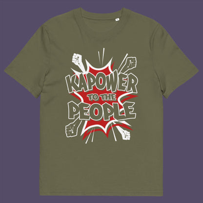 Khaki t shirt. This anti government t shirt packs a punch with this humorous play on the slogan 'Power to the people', with a comic book twist. Support true democracy with this funny political message. Made from 100% organic ring-spun cotton, this unisex non conformist t shirt is a total must-have. It's high-quality, super comfy, and best of all, eco-friendly.