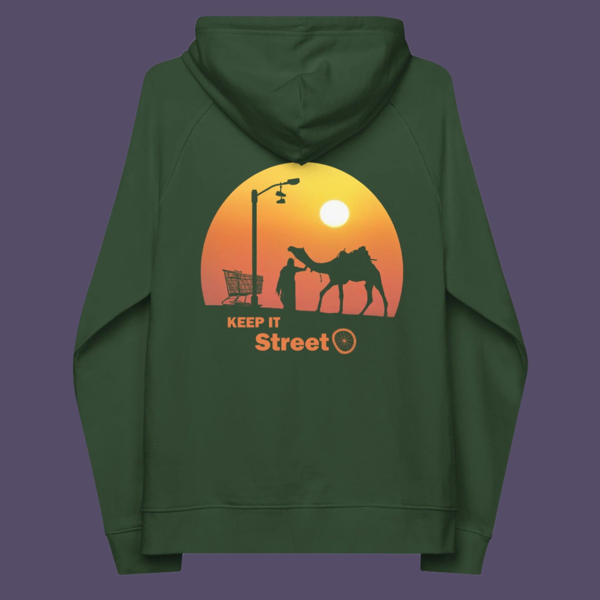 Bottle green hoodie back. This humorous, underground stencil art represents inner city street life as a culture of it's own. There is a ground level reality mixed with trustworthy honestly at street level in towns and cities across the planet. Wherever you are in the world, may the street be with you. Comfortable and practical. It's extra soft and has a convenient front pouch pocket. Made from organic cotton and recycled polyester, this street art hoodie is a great eco-friendly choice.