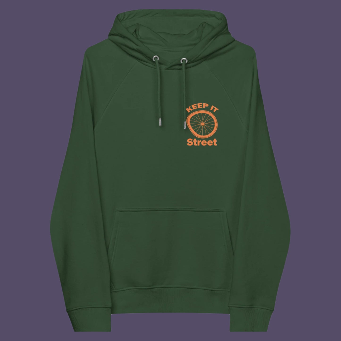 Bottle green hoodie front. This humorous, underground stencil art represents inner city street life as a culture of it's own. There is a ground level reality mixed with trustworthy honestly at street level in towns and cities across the planet. Wherever you are in the world, may the street be with you. Comfortable and practical. It's extra soft and has a convenient front pouch pocket. Made from organic cotton and recycled polyester, this street art hoodie is a great eco-friendly choice.