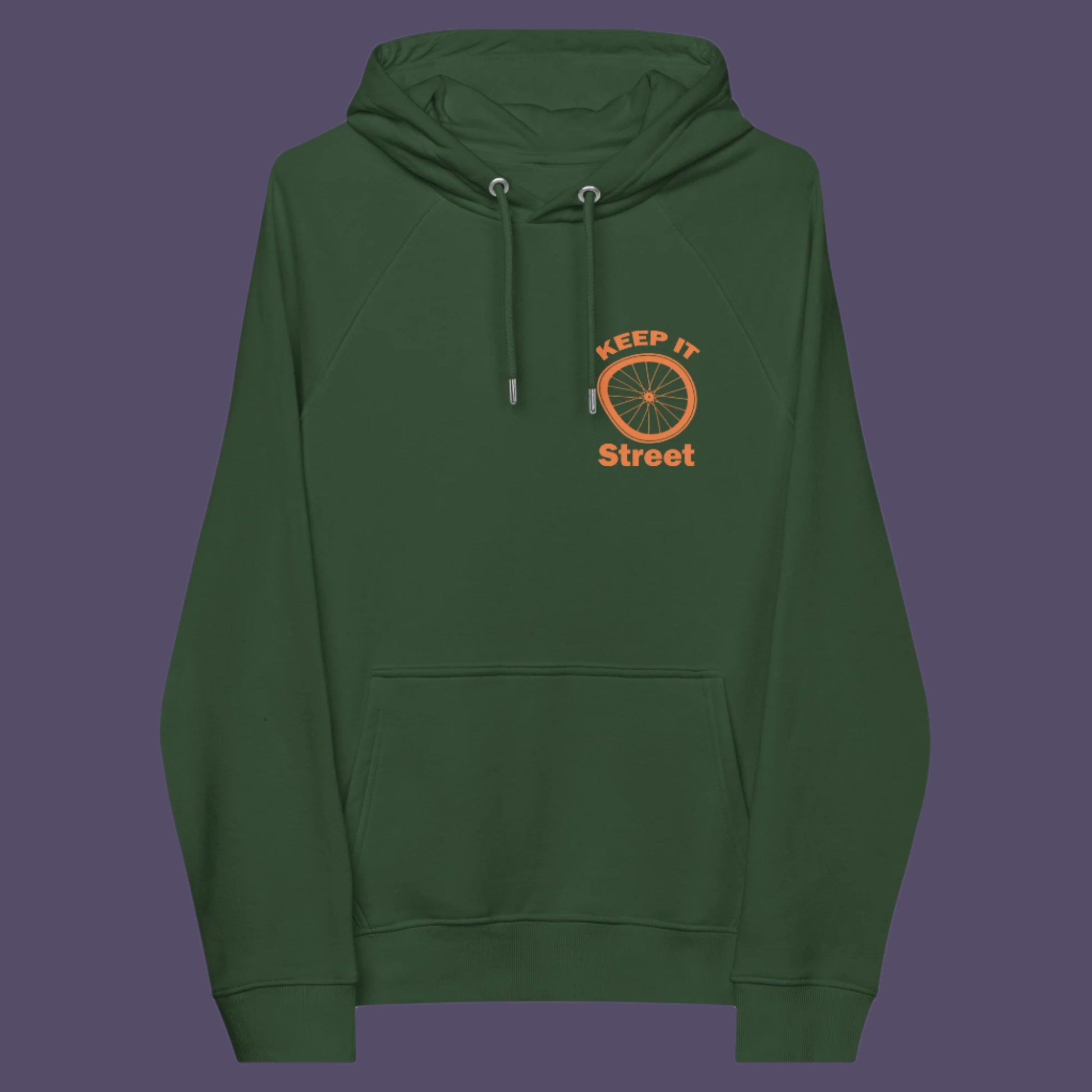 Bottle green hoodie front. This humorous, underground stencil art represents inner city street life as a culture of it's own. There is a ground level reality mixed with trustworthy honestly at street level in towns and cities across the planet. Wherever you are in the world, may the street be with you. Comfortable and practical. It's extra soft and has a convenient front pouch pocket. Made from organic cotton and recycled polyester, this street art hoodie is a great eco-friendly choice.