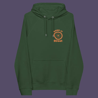 Bottle green hoodie front. This humorous, underground stencil art represents inner city street life as a culture of it's own. There is a ground level reality mixed with trustworthy honestly at street level in towns and cities across the planet. Wherever you are in the world, may the street be with you. Comfortable and practical. It's extra soft and has a convenient front pouch pocket. Made from organic cotton and recycled polyester, this street art hoodie is a great eco-friendly choice.