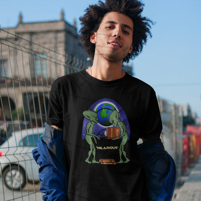 Person wearing a black t-shirt with a graphic design outdoors. This funny alien t shirt suggest we are being lied to about our history and the aliens know the truth. A design for alien loving conspiracy theorists. Have the aliens had more influence in our lives than we are lead to believe ? Made from 100% organic ring-spun cotton, these cool sci fi t shirts are unisex, high-quality, super comfy, and best of all, eco-friendly.