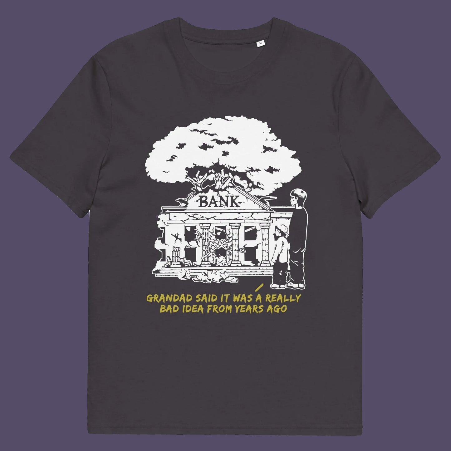 Anthracite t shirt. An anti capitalism t shirt with a wishful message. A thought provoking future where money and banking are a dark memory and our children have something more natural to look forward to. Made from 100% organic ring-spun cotton, this utopian graffiti stencil t-shirt is unisex, high-quality, super comfy, and best of all, eco-friendly.