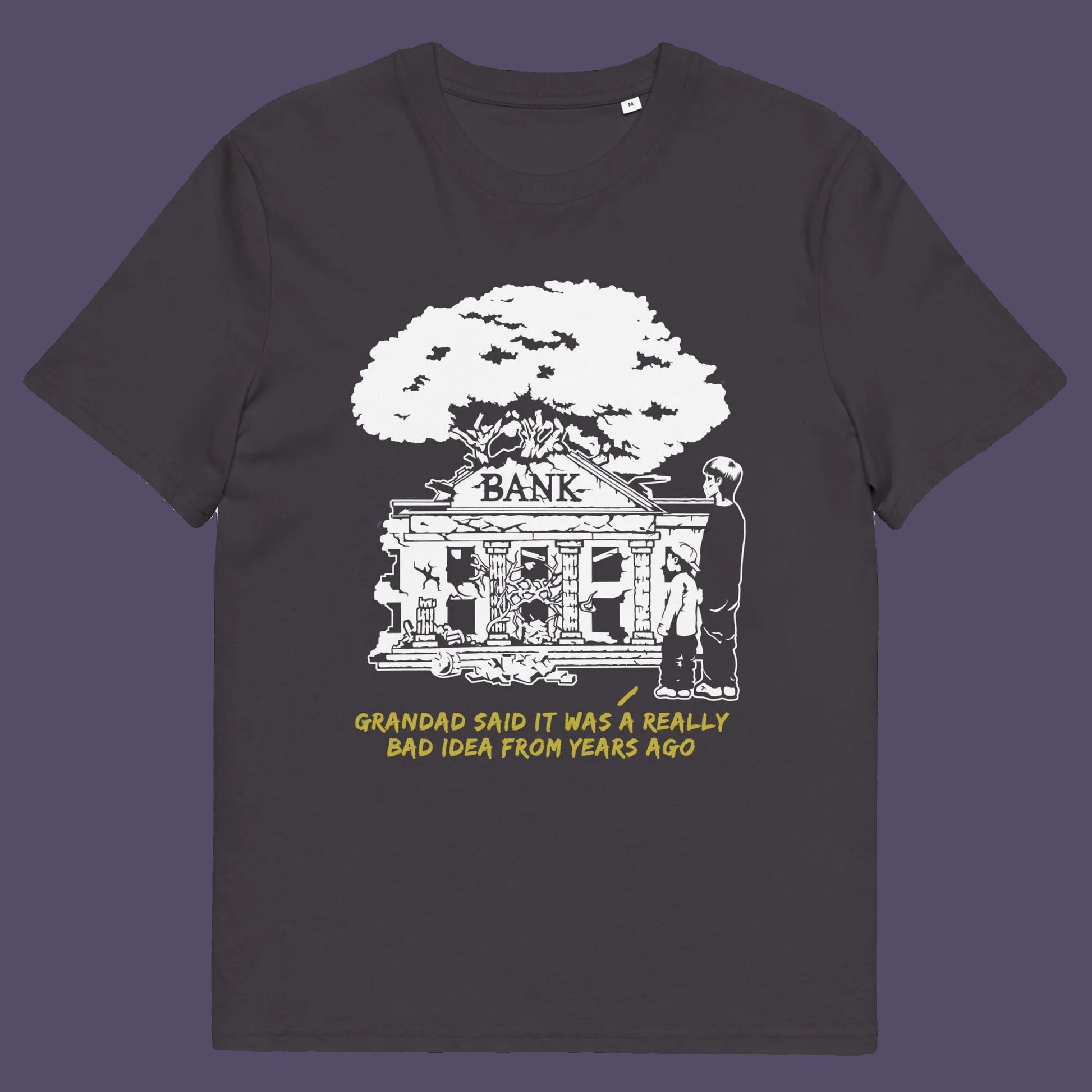 Anthracite t shirt. An anti capitalism t shirt with a wishful message. A thought provoking future where money and banking are a dark memory and our children have something more natural to look forward to. Made from 100% organic ring-spun cotton, this utopian graffiti stencil t-shirt is unisex, high-quality, super comfy, and best of all, eco-friendly.