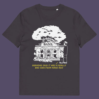 Anthracite t shirt. An anti capitalism t shirt with a wishful message. A thought provoking future where money and banking are a dark memory and our children have something more natural to look forward to. Made from 100% organic ring-spun cotton, this utopian graffiti stencil t-shirt is unisex, high-quality, super comfy, and best of all, eco-friendly.