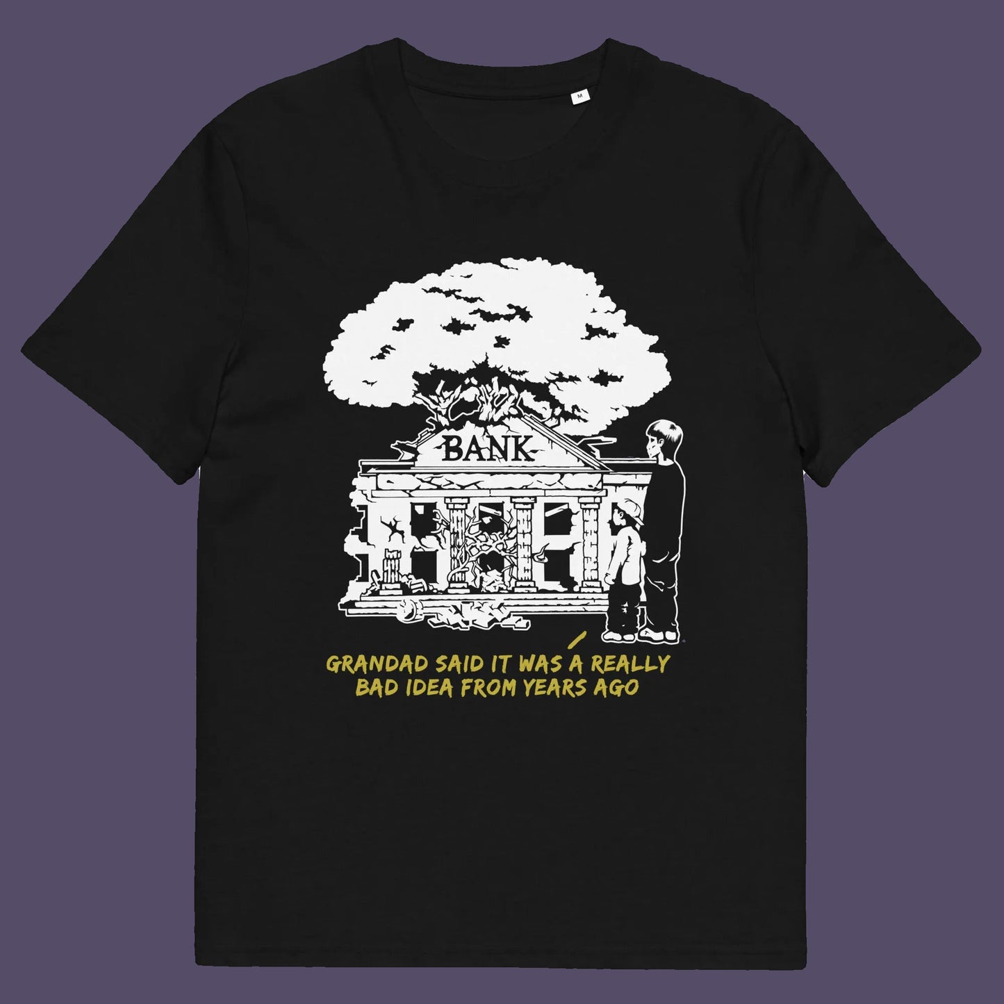 Black t shirt. An anti capitalism t shirt with a wishful message. A thought provoking future where money and banking are a dark memory and our children have something more natural to look forward to. Made from 100% organic ring-spun cotton, this utopian graffiti stencil t-shirt is unisex, high-quality, super comfy, and best of all, eco-friendly.