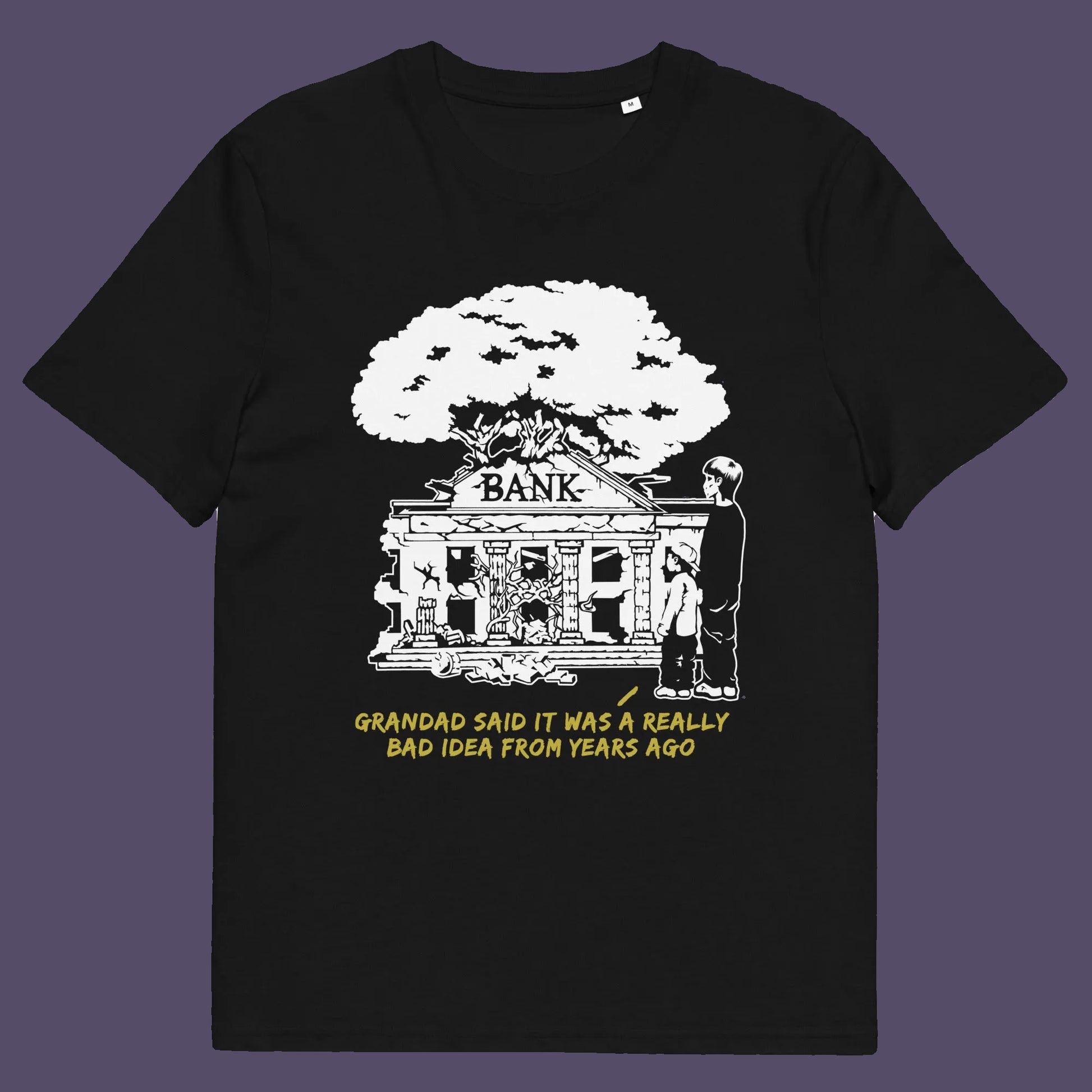 Black t shirt. An anti capitalism t shirt with a wishful message. A thought provoking future where money and banking are a dark memory and our children have something more natural to look forward to. Made from 100% organic ring-spun cotton, this utopian graffiti stencil t-shirt is unisex, high-quality, super comfy, and best of all, eco-friendly.