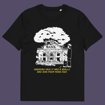 Black t shirt. An anti capitalism t shirt with a wishful message. A thought provoking future where money and banking are a dark memory and our children have something more natural to look forward to. Made from 100% organic ring-spun cotton, this utopian graffiti stencil t-shirt is unisex, high-quality, super comfy, and best of all, eco-friendly.