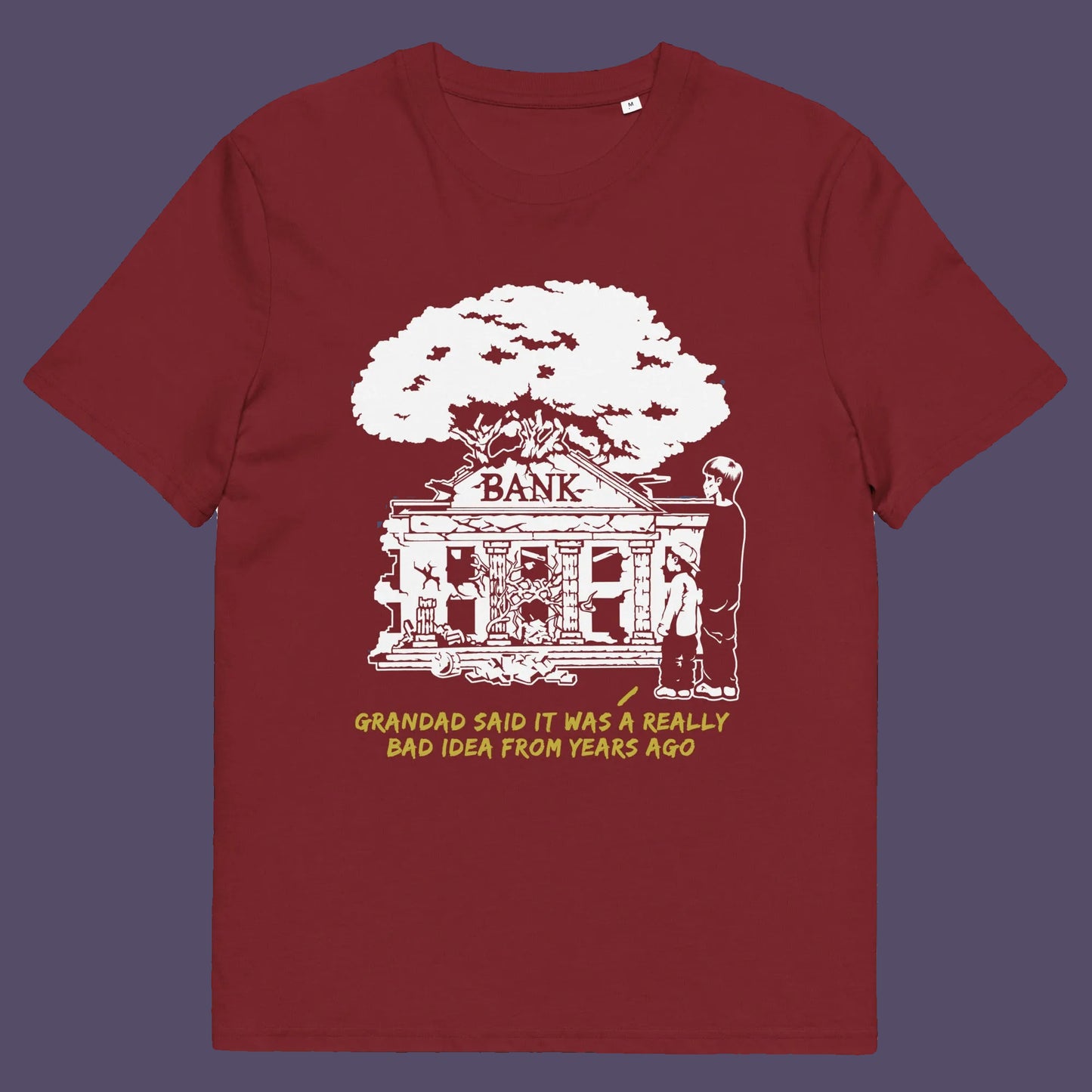Burgundy t shirt. An anti capitalism t shirt with a wishful message. A thought provoking future where money and banking are a dark memory and our children have something more natural to look forward to. Made from 100% organic ring-spun cotton, this utopian graffiti stencil t-shirt is unisex, high-quality, super comfy, and best of all, eco-friendly.
