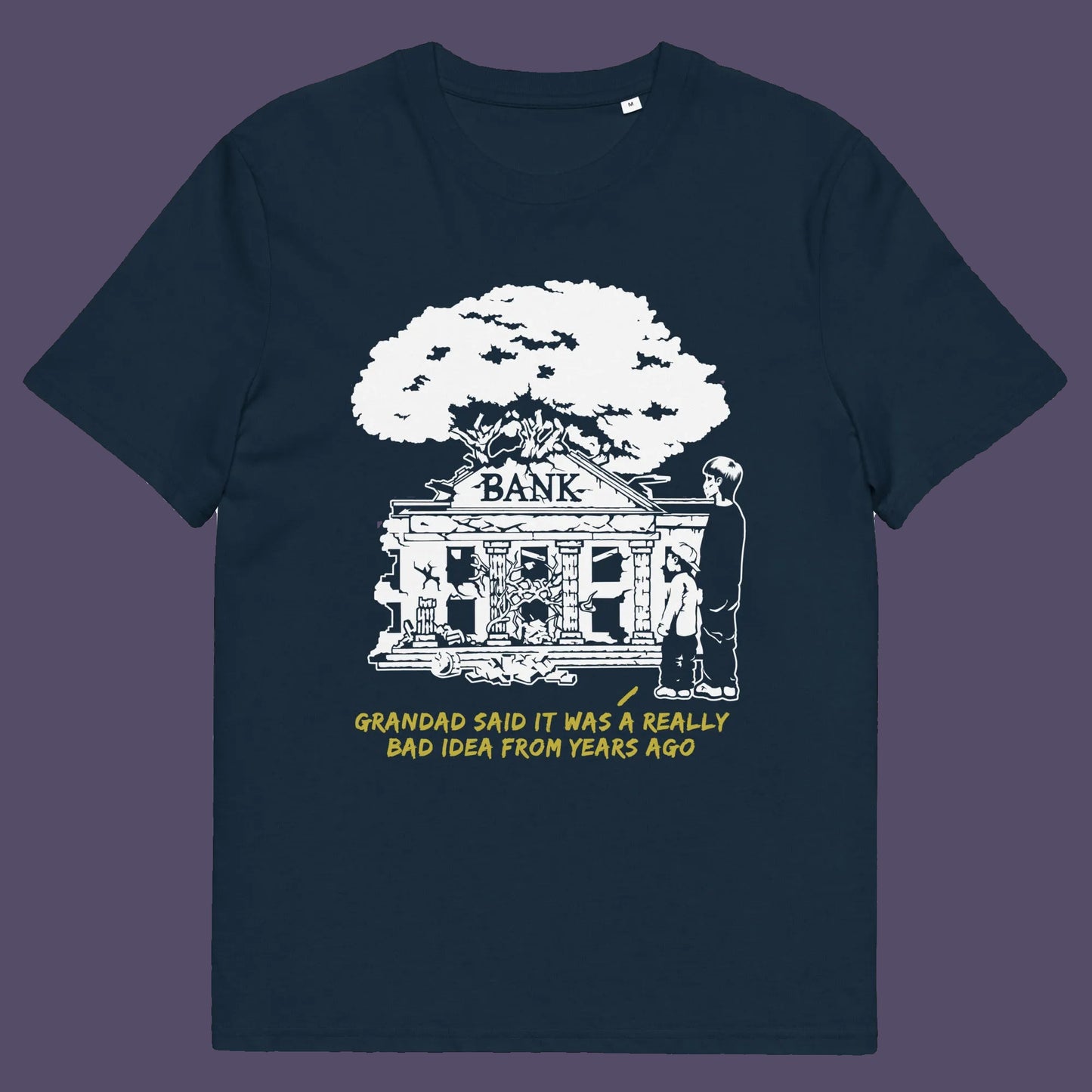 French navy t shirt. An anti capitalism t shirt with a wishful message. A thought provoking future where money and banking are a dark memory and our children have something more natural to look forward to. Made from 100% organic ring-spun cotton, this utopian graffiti stencil t-shirt is unisex, high-quality, super comfy, and best of all, eco-friendly.