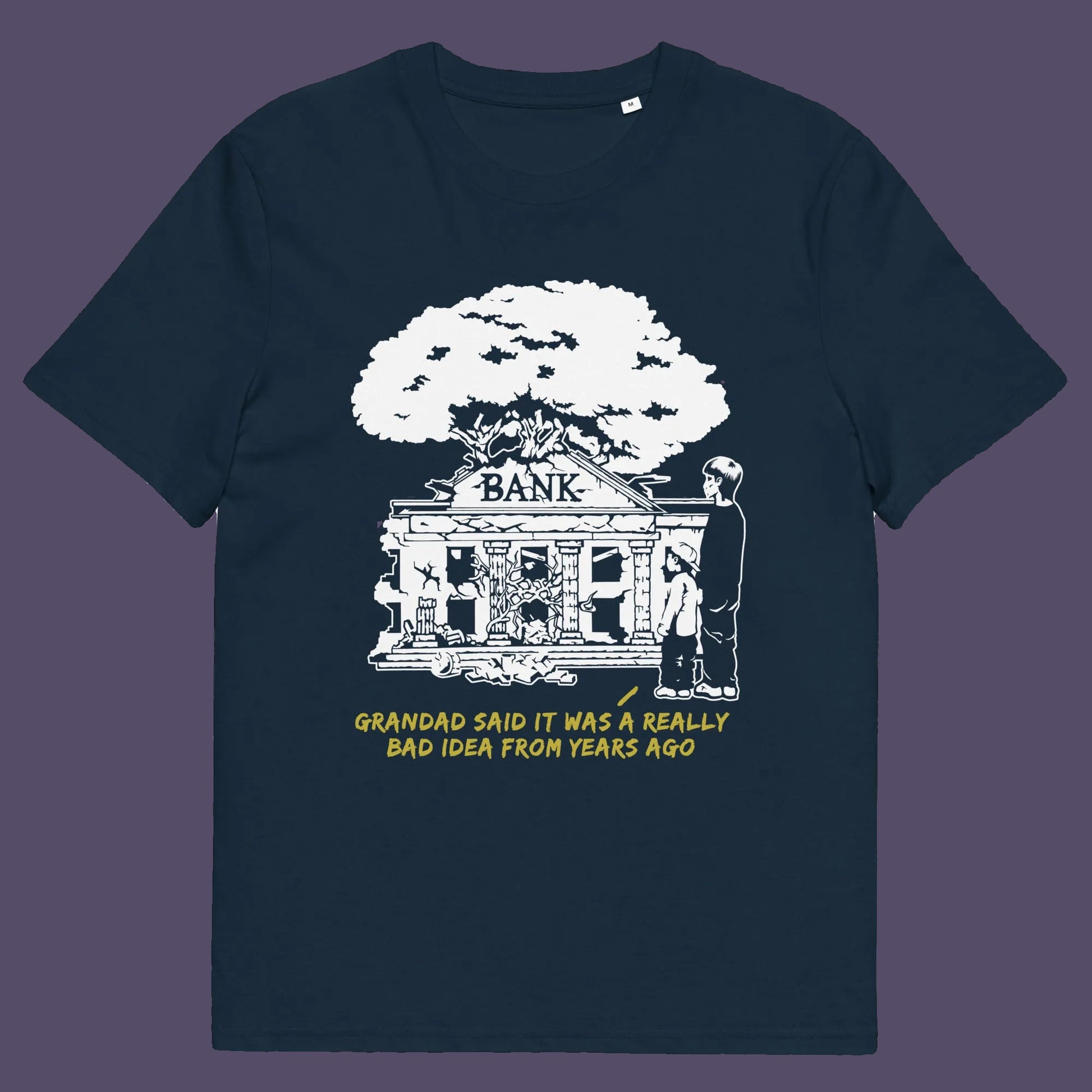 French navy t shirt. An anti capitalism t shirt with a wishful message. A thought provoking future where money and banking are a dark memory and our children have something more natural to look forward to. Made from 100% organic ring-spun cotton, this utopian graffiti stencil t-shirt is unisex, high-quality, super comfy, and best of all, eco-friendly.