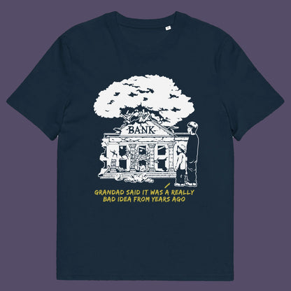 French navy t shirt. An anti capitalism t shirt with a wishful message. A thought provoking future where money and banking are a dark memory and our children have something more natural to look forward to. Made from 100% organic ring-spun cotton, this utopian graffiti stencil t-shirt is unisex, high-quality, super comfy, and best of all, eco-friendly.