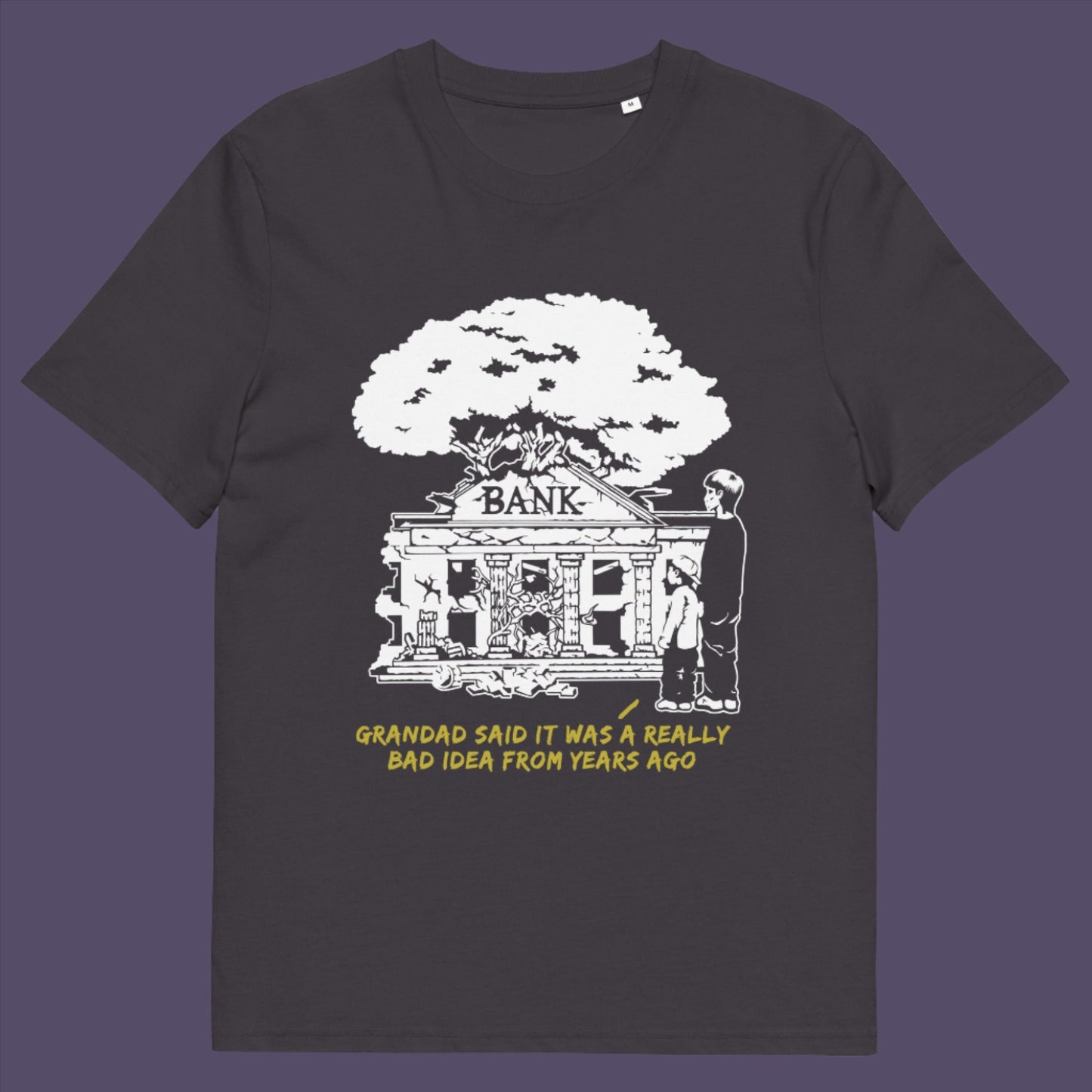 Anthracite t-shirt. A Banksy style stencil art t-shirt with an anti-capitalism message. A thought provoking future where money and banking are a dark memory and our children have something more natural to look forward to. Made from 100% organic ring-spun cotton, this utopian graffiti stencil t-shirt is unisex, high-quality, super comfy, and best of all, eco-friendly.