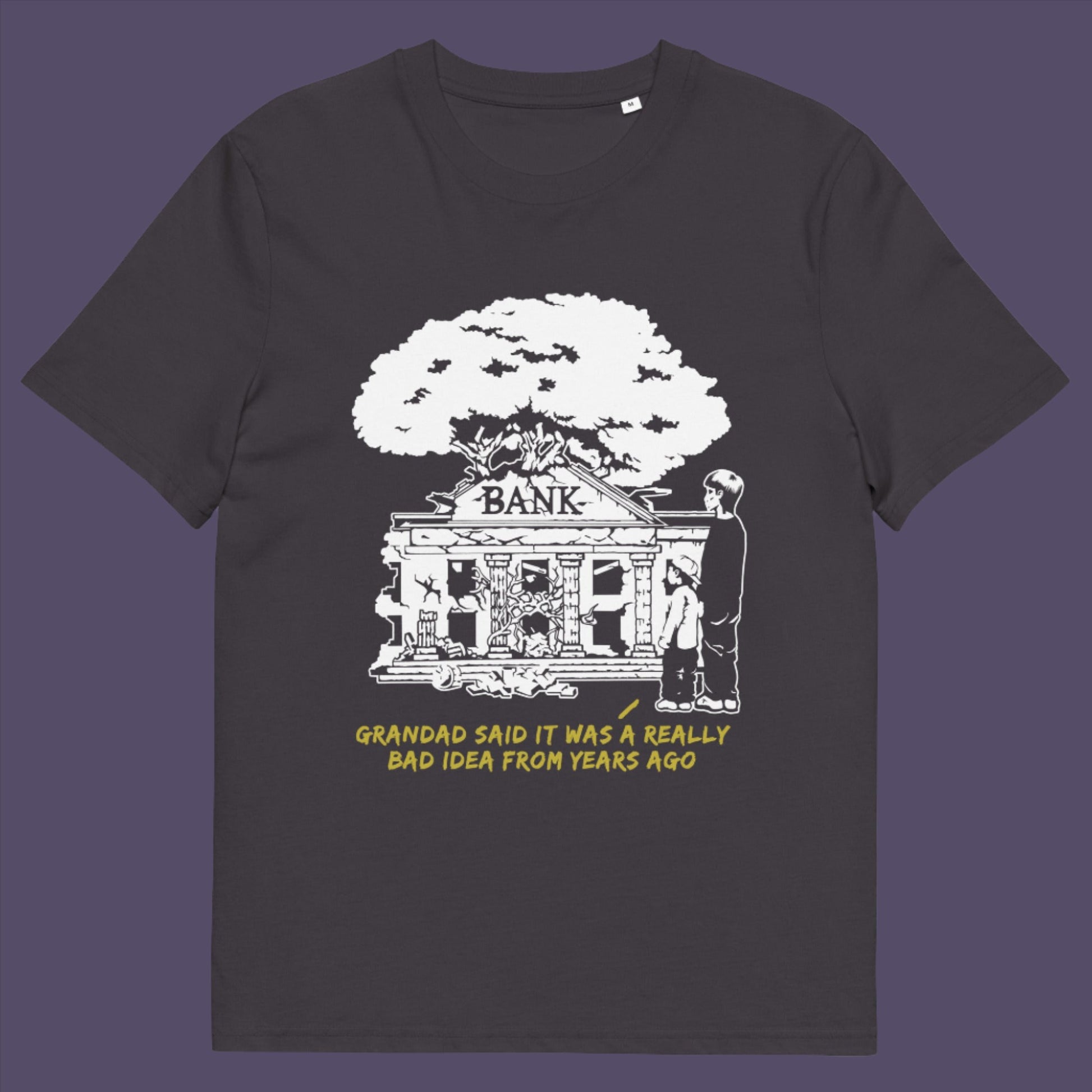 Anthracite t-shirt. A Banksy style stencil art t-shirt with an anti-capitalism message. A thought provoking future where money and banking are a dark memory and our children have something more natural to look forward to. Made from 100% organic ring-spun cotton, this utopian graffiti stencil t-shirt is unisex, high-quality, super comfy, and best of all, eco-friendly.