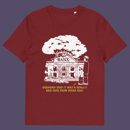 Burgundy t-shirt. A Banksy style stencil art t-shirt with an anti-capitalism message. A thought provoking future where money and banking are a dark memory and our children have something more natural to look forward to. Made from 100% organic ring-spun cotton, this utopian graffiti stencil t-shirt is unisex, high-quality, super comfy, and best of all, eco-friendly.
