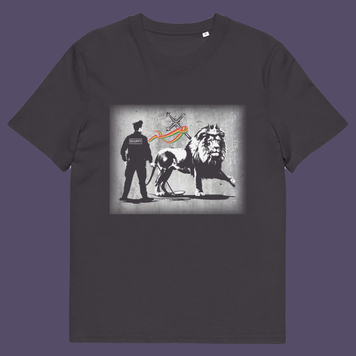 Anthracite t-shirt. A Banksy style t-shirt in a stencil art mockery of how much security we have in the western world, from a Rastafarian view point. Made from 100% organic ring-spun cotton, this graffiti stencil art t-shirt is unisex, high-quality, super comfy, and best of all, eco-friendly.