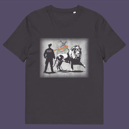 Anthracite t-shirt. A Banksy style t-shirt in a stencil art mockery of how much security we have in the western world, from a Rastafarian view point. Made from 100% organic ring-spun cotton, this graffiti stencil art t-shirt is unisex, high-quality, super comfy, and best of all, eco-friendly.