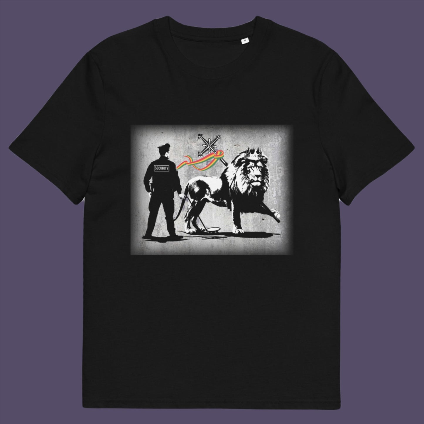 Black t-shirt. A Banksy style t-shirt in a stencil art mockery of how much security we have in the western world, from a Rastafarian view point. Made from 100% organic ring-spun cotton, this graffiti stencil art t-shirt is unisex, high-quality, super comfy, and best of all, eco-friendly.
