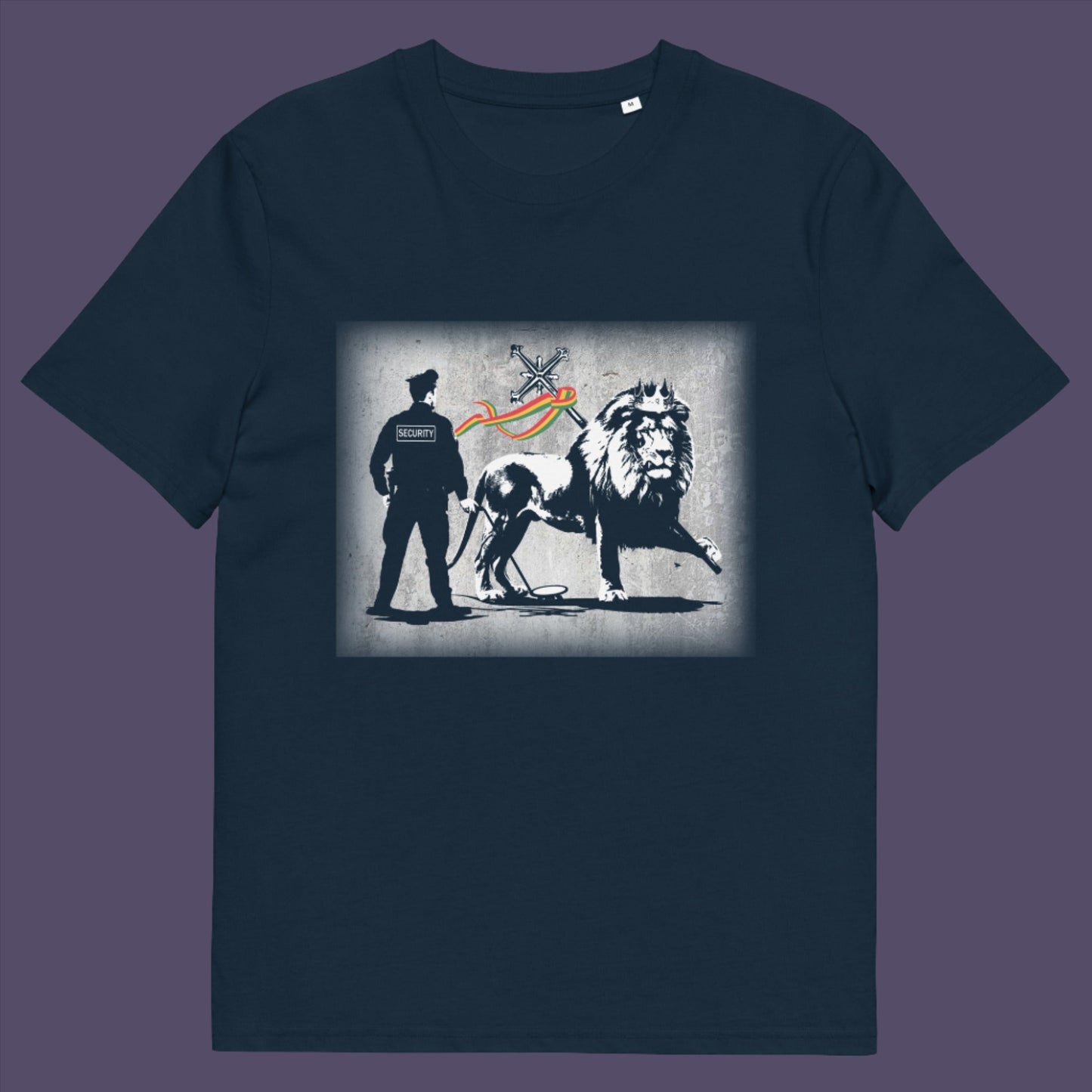 French navy t-shirt. A Banksy style t-shirt in a stencil art mockery of how much security we have in the western world, from a Rastafarian view point. Made from 100% organic ring-spun cotton, this graffiti stencil art t-shirt is unisex, high-quality, super comfy, and best of all, eco-friendly.