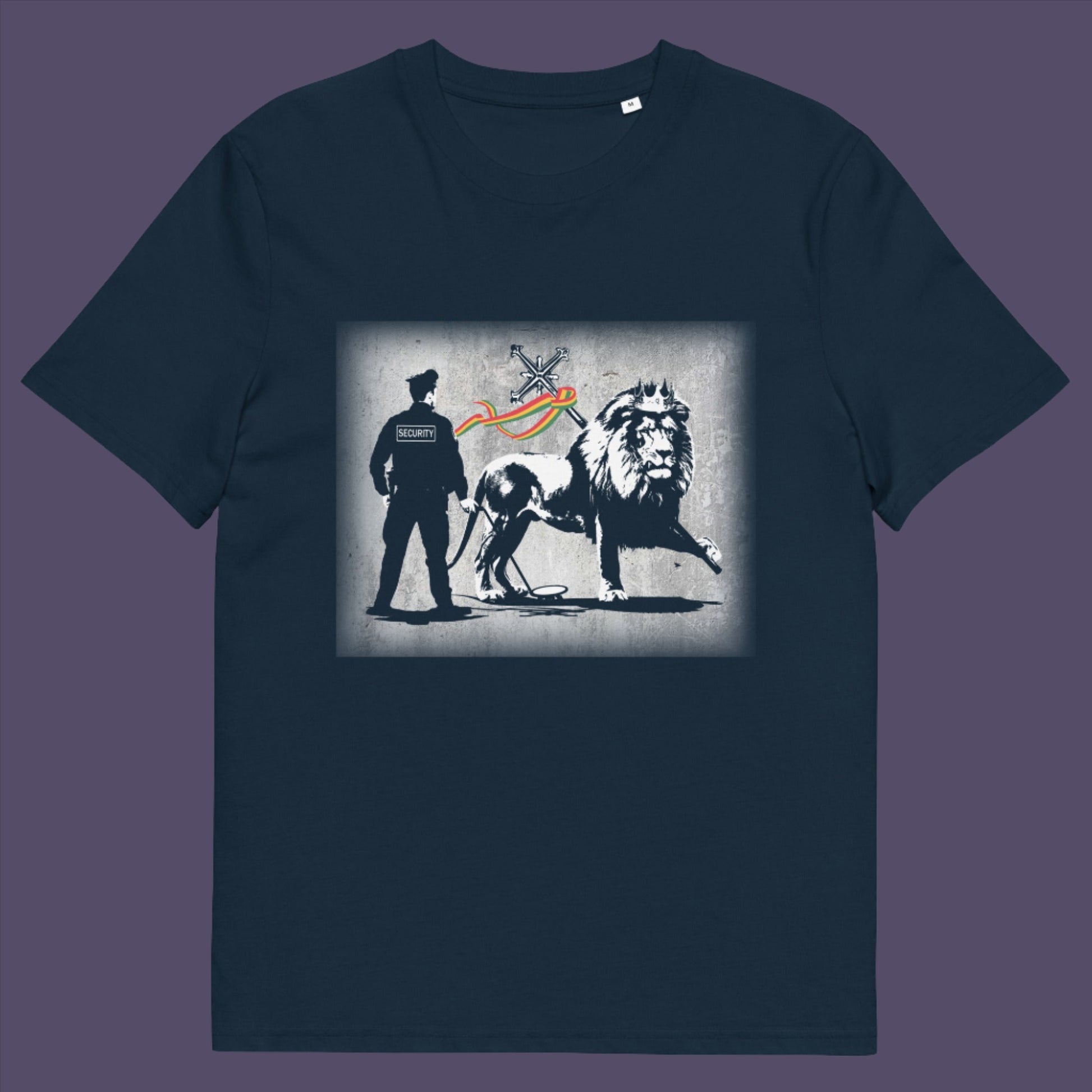 French navy t-shirt. A Banksy style t-shirt in a stencil art mockery of how much security we have in the western world, from a Rastafarian view point. Made from 100% organic ring-spun cotton, this graffiti stencil art t-shirt is unisex, high-quality, super comfy, and best of all, eco-friendly.