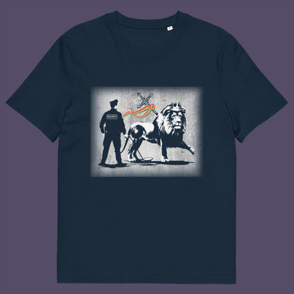 French navy t-shirt. A Banksy style t-shirt in a stencil art mockery of how much security we have in the western world, from a Rastafarian view point. Made from 100% organic ring-spun cotton, this graffiti stencil art t-shirt is unisex, high-quality, super comfy, and best of all, eco-friendly.