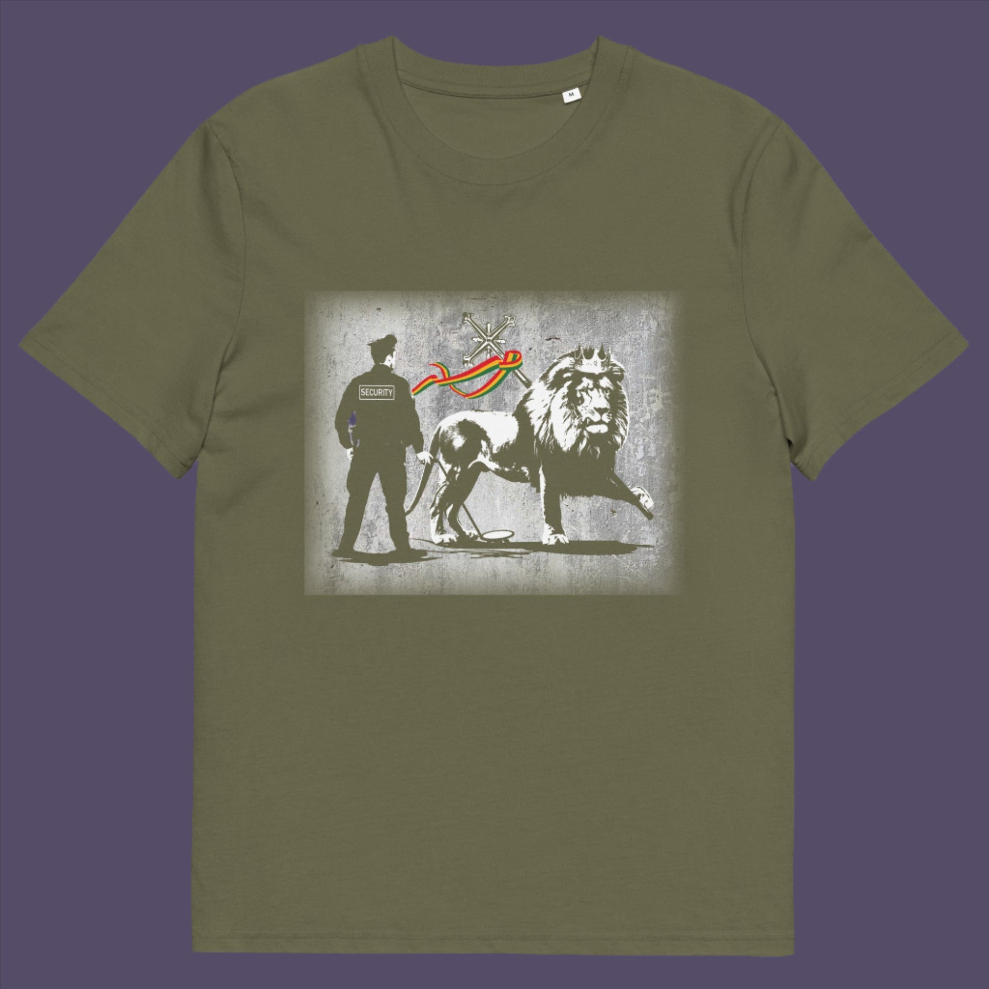 Khaki t-shirt. A Banksy style t-shirt in a stencil art mockery of how much security we have in the western world, from a Rastafarian view point. Made from 100% organic ring-spun cotton, this graffiti stencil art t-shirt is unisex, high-quality, super comfy, and best of all, eco-friendly.