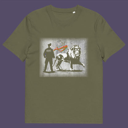 Khaki t-shirt. A Banksy style t-shirt in a stencil art mockery of how much security we have in the western world, from a Rastafarian view point. Made from 100% organic ring-spun cotton, this graffiti stencil art t-shirt is unisex, high-quality, super comfy, and best of all, eco-friendly.