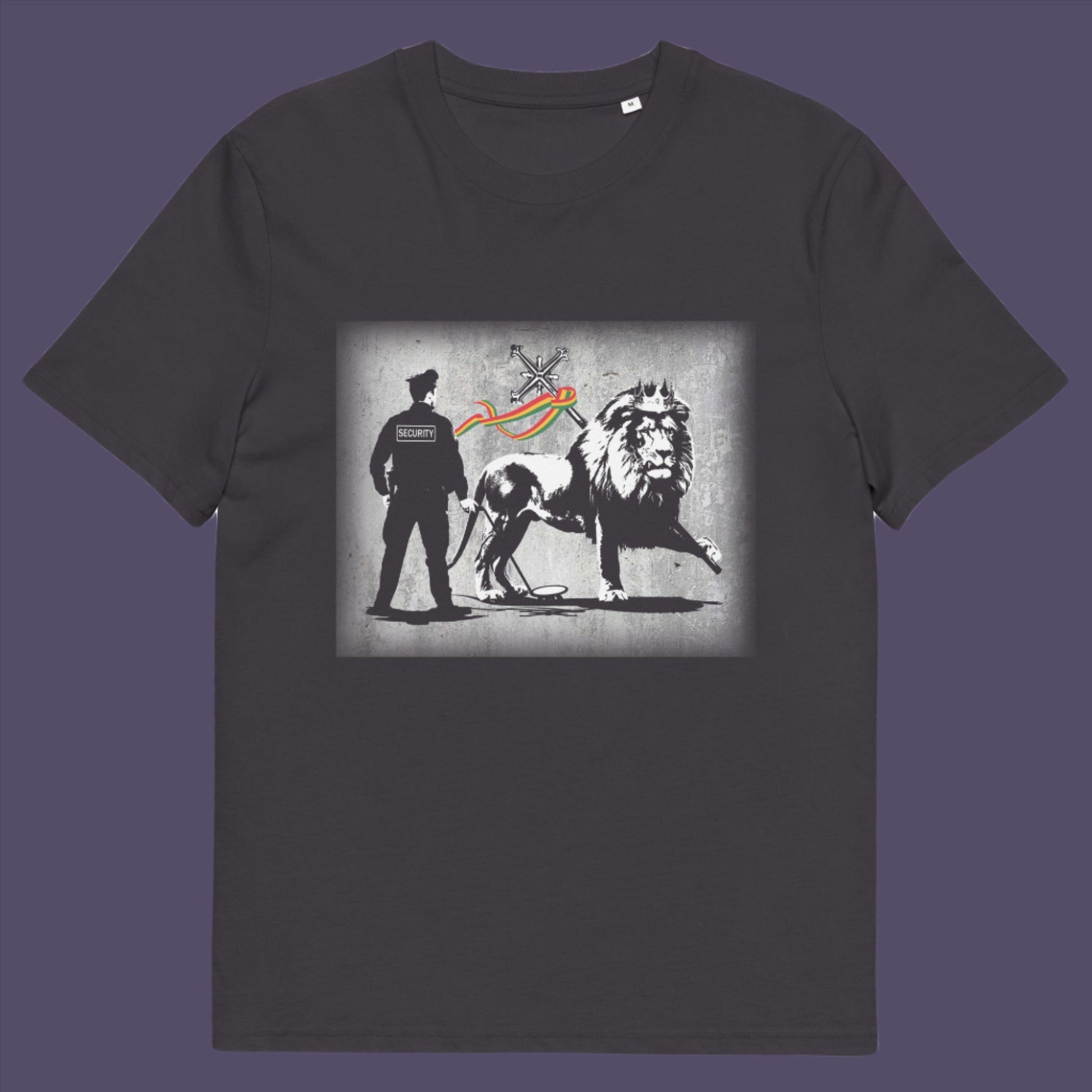 Anthracite t-shirt. A stencil graffiti t shirt design mocking how much security we have in the western world, from a Rastafarian view point. Made from 100% organic ring-spun cotton, this urban art t shirt is unisex, high-quality, super comfy, and best of all, eco-friendly.