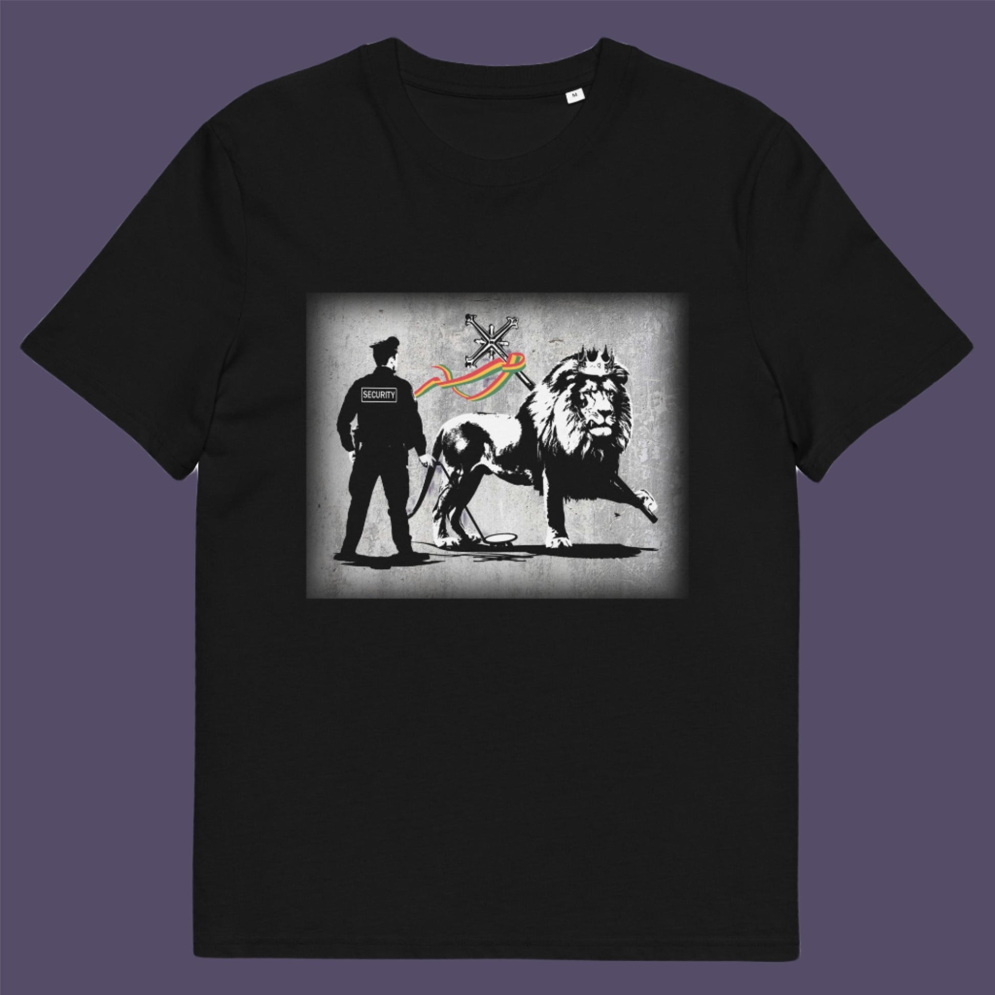 Black t-shirt. A stencil graffiti t shirt design mocking how much security we have in the western world, from a Rastafarian view point. Made from 100% organic ring-spun cotton, this urban art t shirt is unisex, high-quality, super comfy, and best of all, eco-friendly.