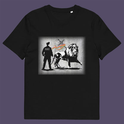 Black t-shirt. A stencil graffiti t shirt design mocking how much security we have in the western world, from a Rastafarian view point. Made from 100% organic ring-spun cotton, this urban art t shirt is unisex, high-quality, super comfy, and best of all, eco-friendly.
