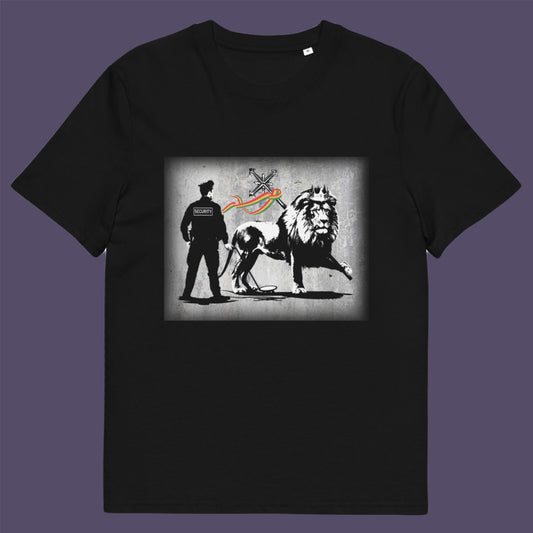 Black t-shirt. A stencil graffiti t shirt design mocking how much security we have in the western world, from a Rastafarian view point. Made from 100% organic ring-spun cotton, this urban art t shirt is unisex, high-quality, super comfy, and best of all, eco-friendly.