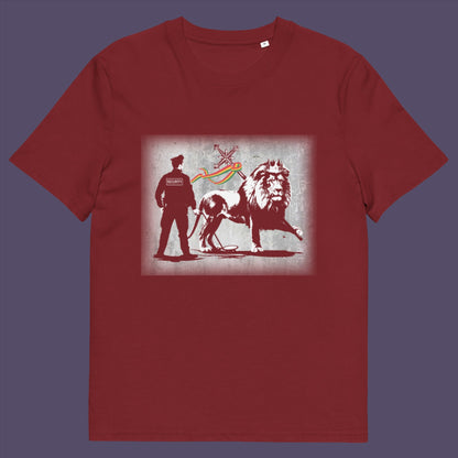 Burgundy t-shirt. A stencil graffiti t shirt design mocking how much security we have in the western world, from a Rastafarian view point. Made from 100% organic ring-spun cotton, this urban art t shirt is unisex, high-quality, super comfy, and best of all, eco-friendly.