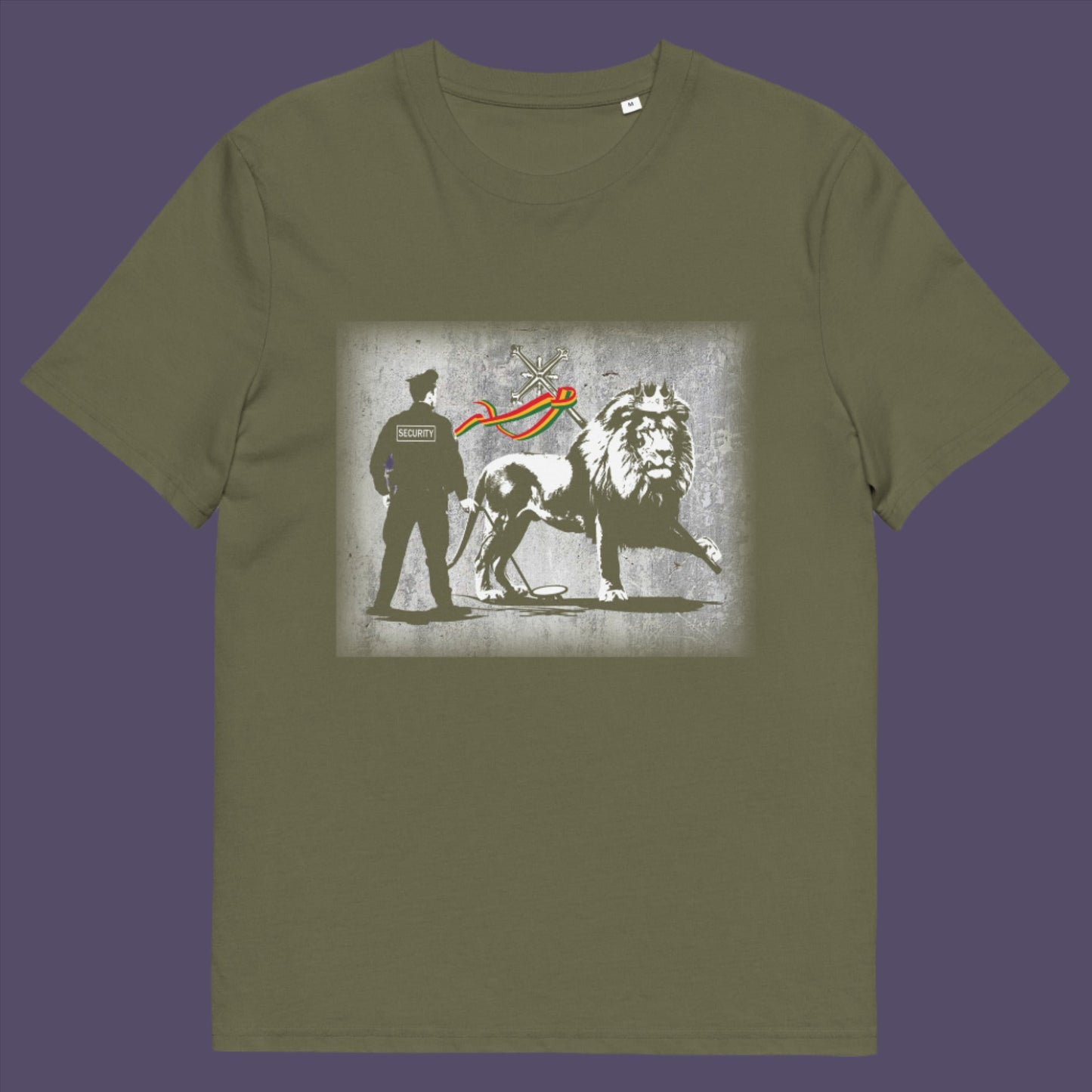 Khaki t-shirt. A stencil graffiti t shirt design mocking how much security we have in the western world, from a Rastafarian view point. Made from 100% organic ring-spun cotton, this urban art t shirt is unisex, high-quality, super comfy, and best of all, eco-friendly.