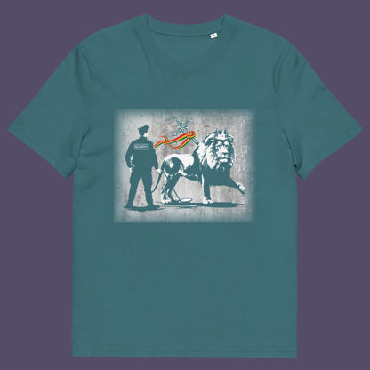 Stargazer t-shirt. A stencil graffiti t shirt design mocking how much security we have in the western world, from a Rastafarian view point. Made from 100% organic ring-spun cotton, this urban art t shirt is unisex, high-quality, super comfy, and best of all, eco-friendly.