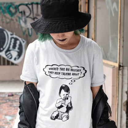 Person wearing a white t-shirt with a graphic and text, standing in an urban setting. A witty conspiracy theory t-shirt questioning the existence of a controlling 'Big Brother' watching over us. This unique design in stencil art illustrates the sweet mind of a child and a lesson in how to take things literally. Big Brother is everywhere and nowhere. Made from 100% organic ring-spun cotton, this Banksy style conspiracy theory t-shirt is unisex, high-quality, super comfy, and best of all, eco-friendly.