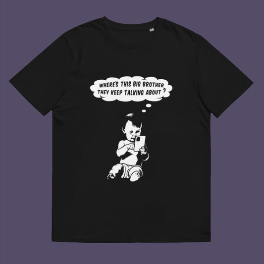 Black t-shirt. A funny conspiracy theory t shirt questioning the existence of a controlling 'Big Brother' watching over us. This unique design in stencil art illustrates the sweet mind of a child and a lesson in how to take things literally. Big Brother is everywhere and nowhere. Made from 100% organic ring-spun cotton, this stencil graffiti t shirt is unisex, high-quality, super comfy, and best of all, eco-friendly.